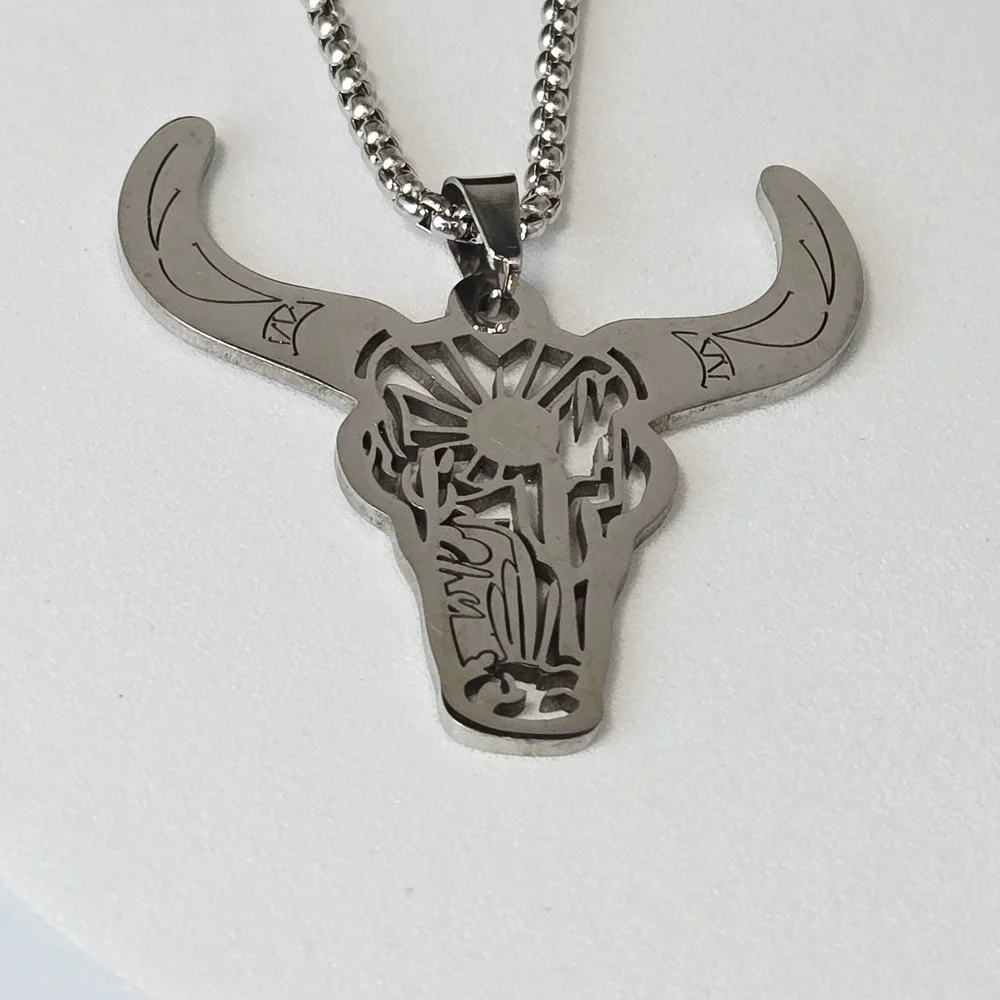 Silver Bull Skull Necklace Laser Cut Steer Head Pendant 24